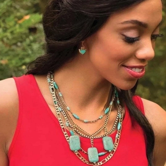 Silpada Turquoise Blue Tablet Beads Brass Chain Link Bid Statement Necklace - Picture 2 of 7